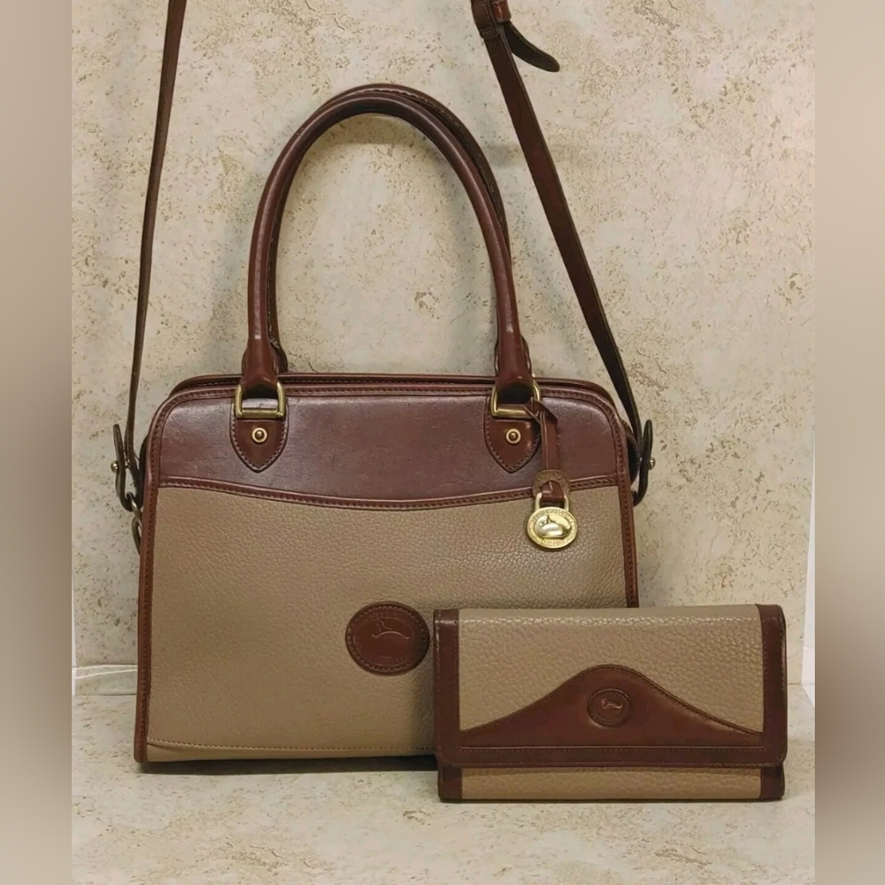 Vintage Dooney & Bourke Satchel Handbag Purse Beige Brown Matching Wallet